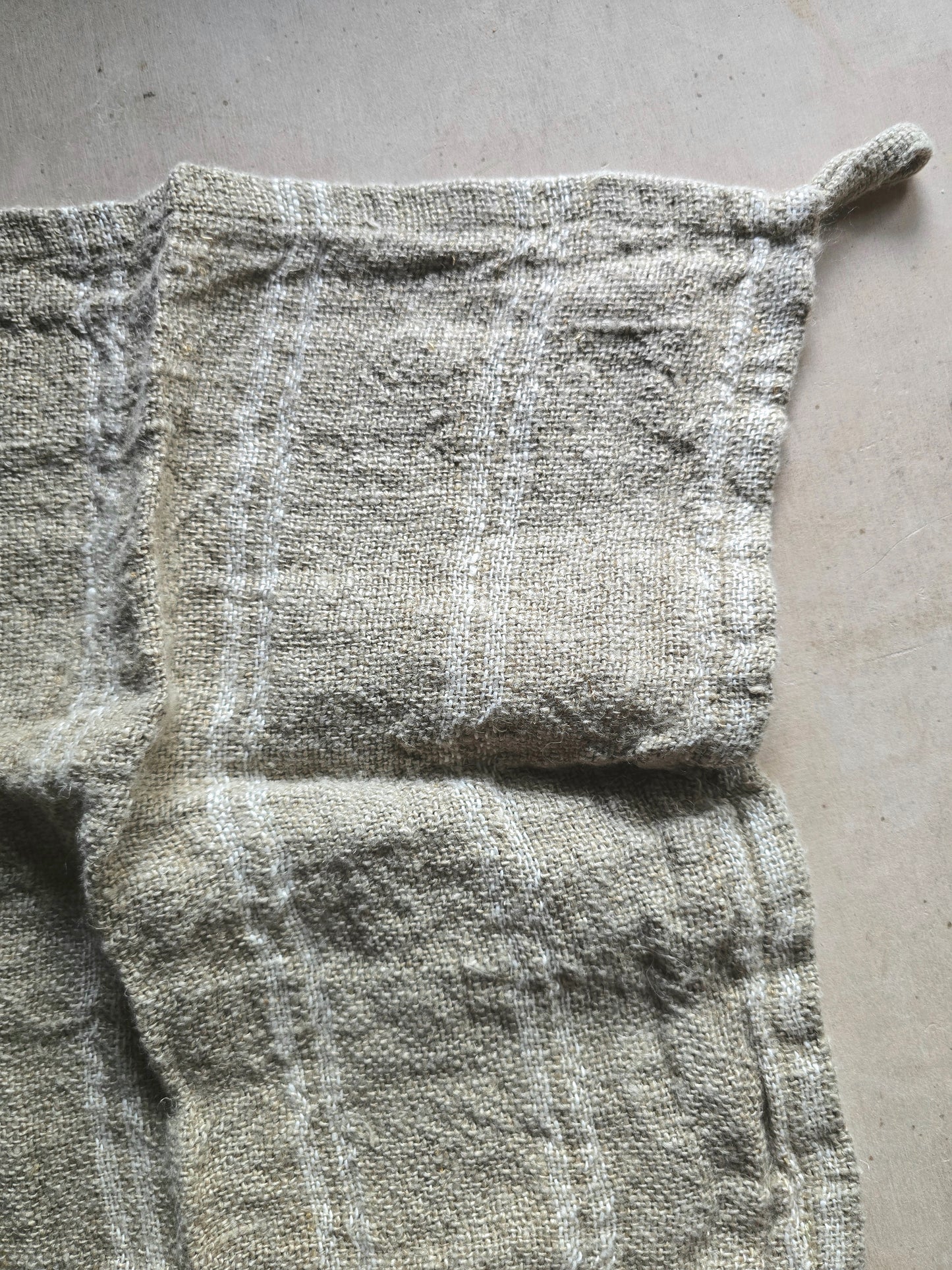 rustic handloomed 100% Linen Wash Cloth with white stripes and a loop to hang.