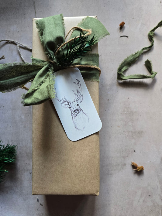 Handmade-Style Deer Sketch Christmas Tags — Off-White Festive Gift Tags, Pre-Punched & Ready to Tie