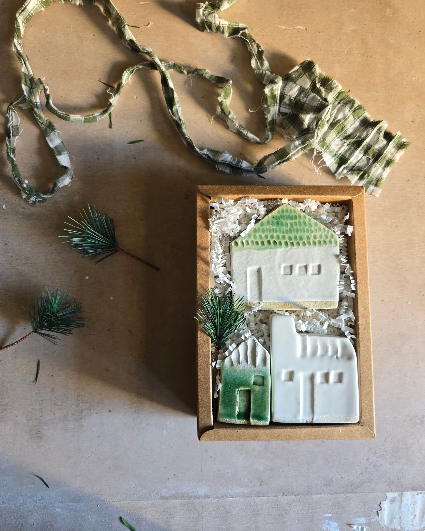 Handcrafted Crisp White-Green Little Houses Collection - (Gift boxed & Unique)