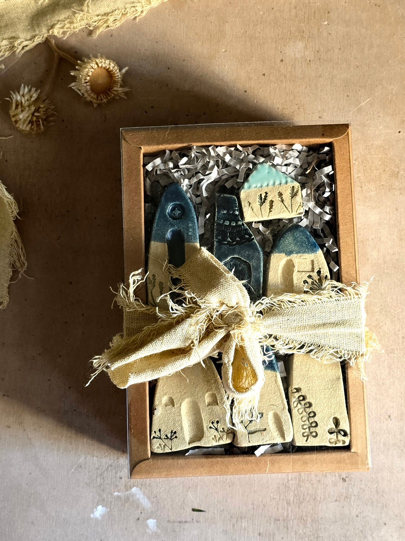 — Handcrafted Little Houses — the Blue & Natural Collection Gift-Boxed & Truly Unique-