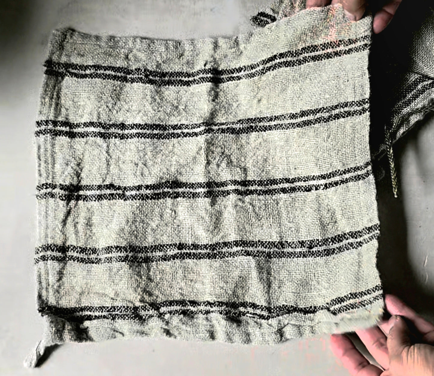 rustic handloomed 100% Linen Wash Cloth with black stripes and a loop to hang.