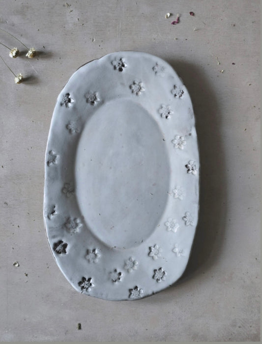 Rectangular Daisy-Stamped Dish – Sheer White Glaze on Rich Mahogany Clay with Raspberry Accents