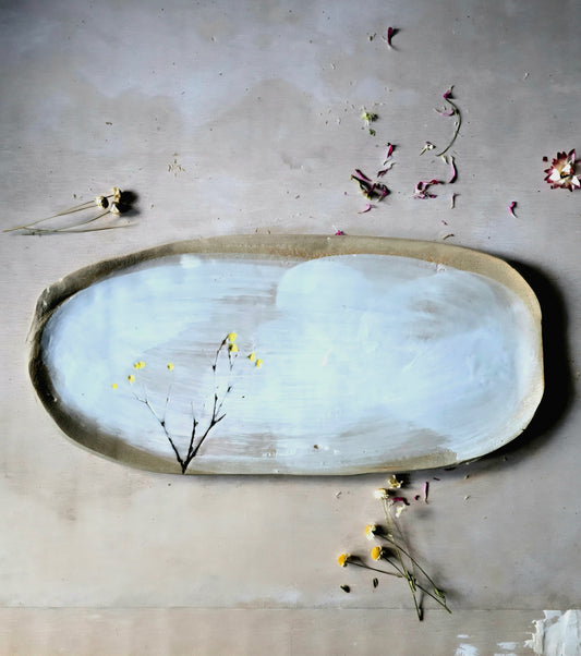 Handpainted Cootamundra Tree Serving Tray – Organic Ceramic with White Glaze & Exposed Stone Grey Edge – Artisan Tableware