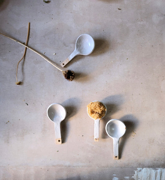 Handcrafted Biscuit Clay Spoon – Rustic White Glaze, Earthy Finish, Perfect for Spices & Bath Salts
