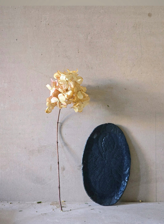 Handmade Oval Navy Ceramic Dish with Pressed Floral Cross – Rustic Snack Plate or Home Decor