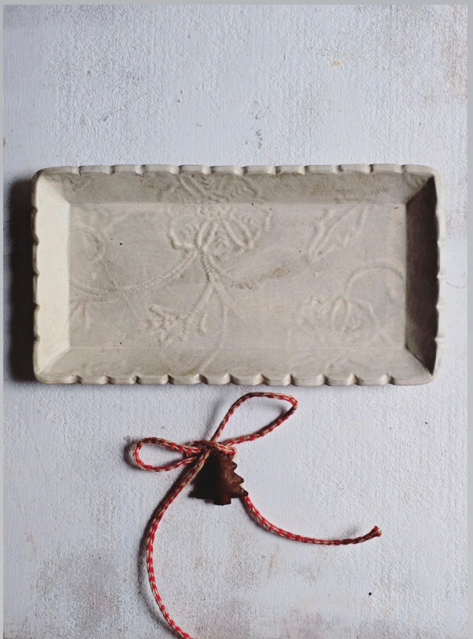 Handcrafted Rectangular Floral Embossed Serving Dish | Matte Earthy Beige | Timeless Ceramic Serveware