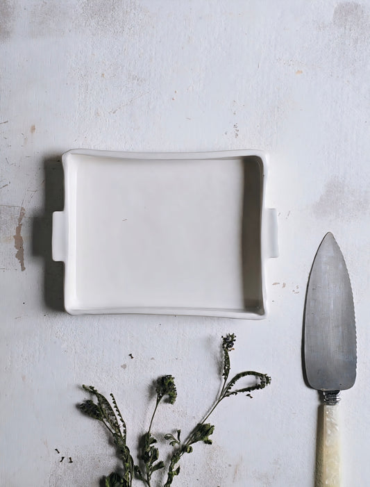 Handcrafted Rectangular Serving Dish with Handles | Milky White Glaze | Minimalist Classic Pottery