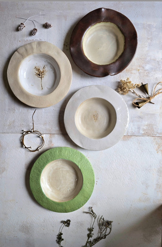 Unique Handcrafted Wide Rim Dinner Plates – Four Unique Designs (Each Sold Individually, Perfect for Pasta, Soup & Everyday Dining)