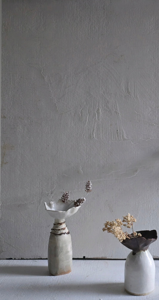 Two Handcrafted Sculptural Flower Vases – “The Ruffled Flower” & “Winter Song”