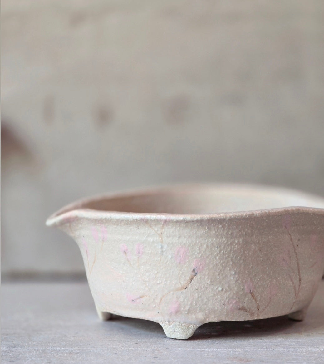 Handbuilt Soft Pinky Peach Blossom Strainer – Footed Floral Berry Bowl