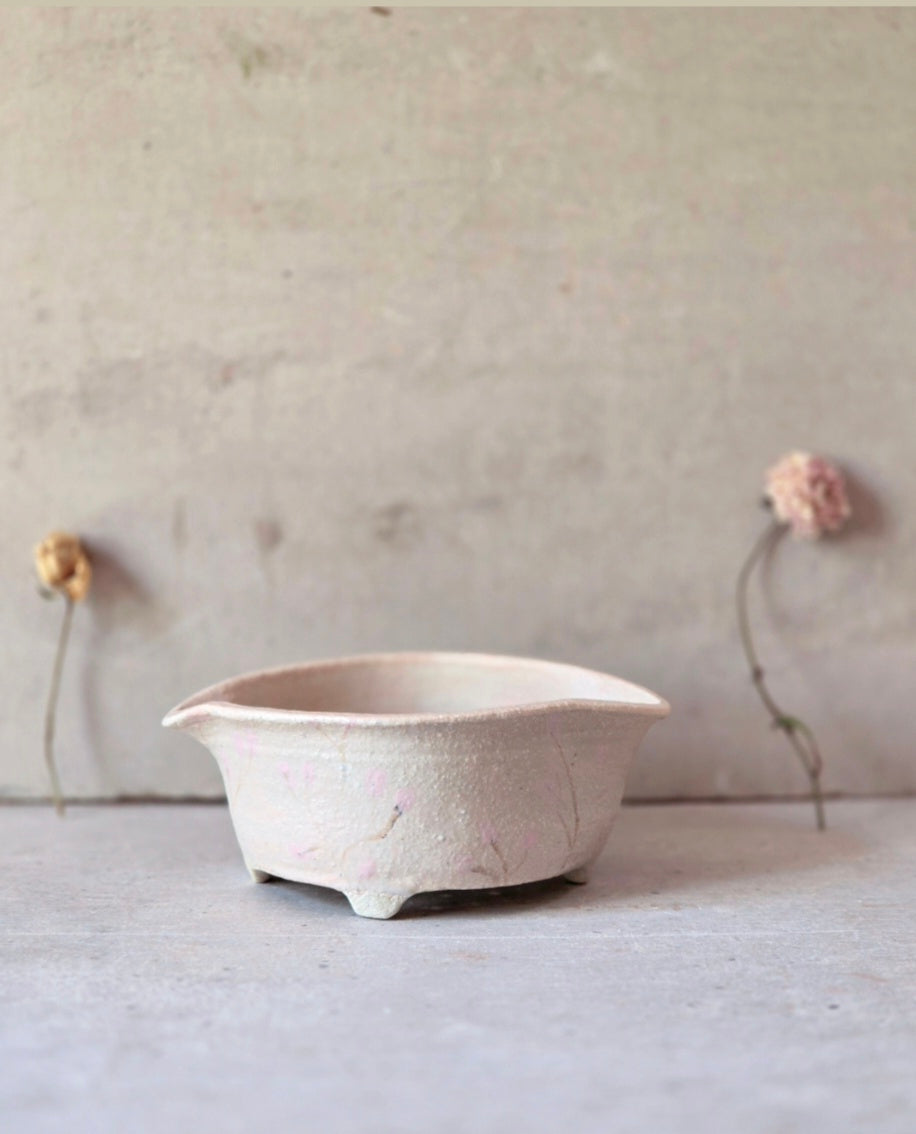 Handbuilt Soft Pinky Peach Blossom Strainer – Footed Floral Berry Bowl