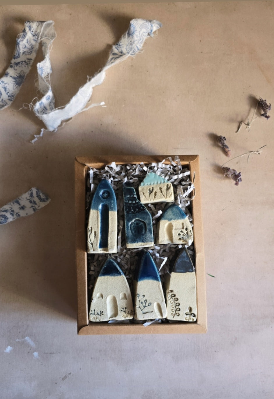 — Handcrafted Little Houses — the Blue & Natural Collection Gift-Boxed & Truly Unique-