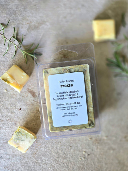 Awaken "Pure Soy Wax Melts- Rosemary, Cedarwood & Peppermint Gum Essential Oils with Dried Rosemary Botanicals|Aromatherapy Melt For Clarity & Focus"